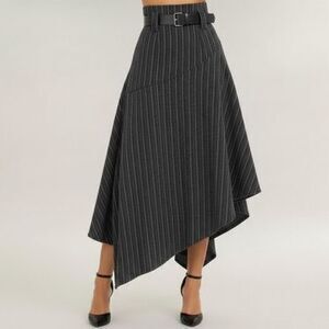 Anna-Kaci Women's Asymmetrical Pinstripe Midi Skirt with High Waist and Tailore…